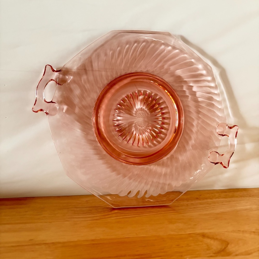 Imperial Glass Twisted Optic Pink Depression Glass Handled Serving Tray Platter